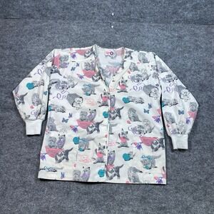 Scrub Time Vintage Kitten Print Snap Front Scrub Jacket White Pink Grey Large